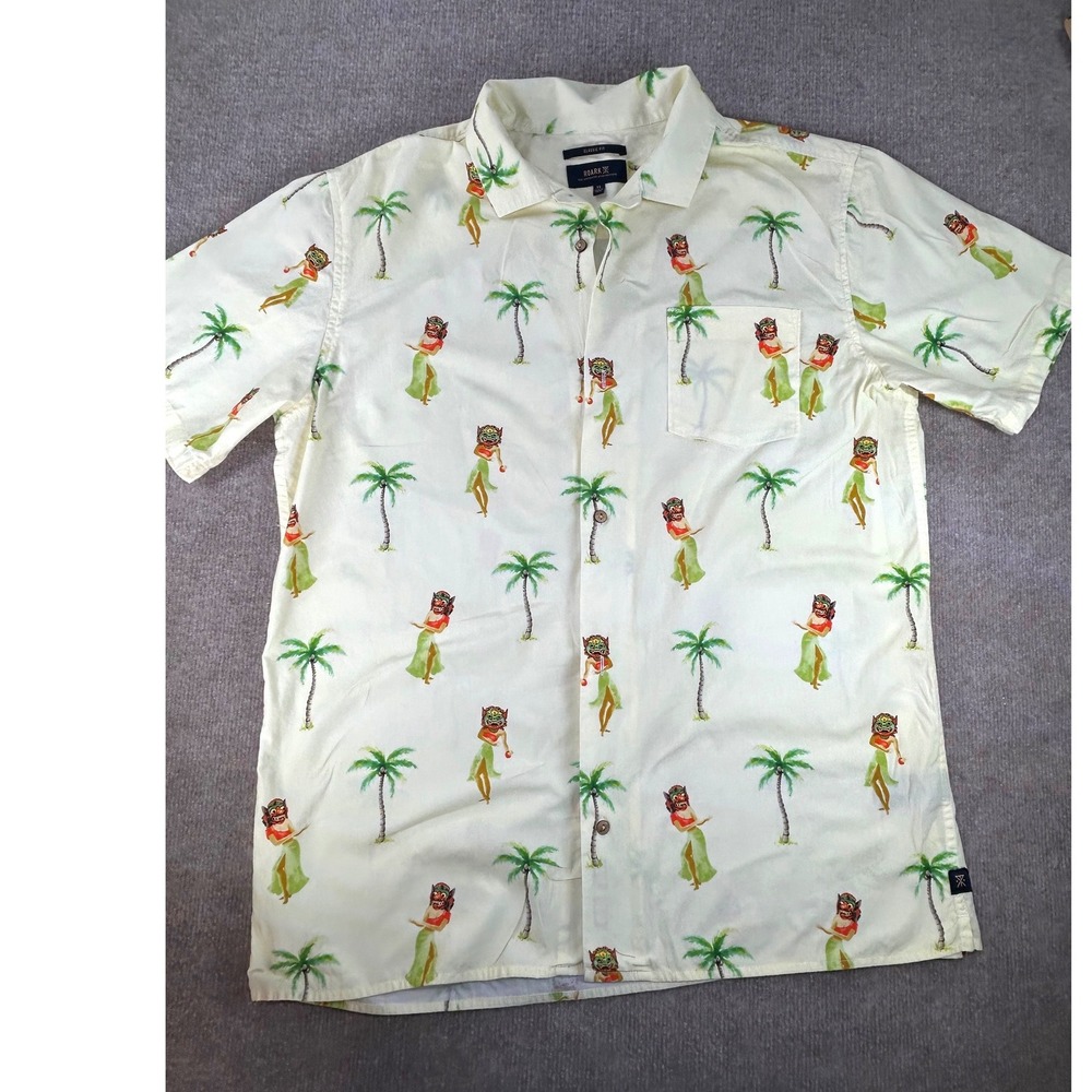 Roark Mens XL Cream Tropical‎ Hula Mask Palm Tree Cotton Button Down Aloha Shirt